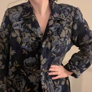 Vintage 90s Blue Floral Embroidered Oversized Blazer with Shoulder Pads